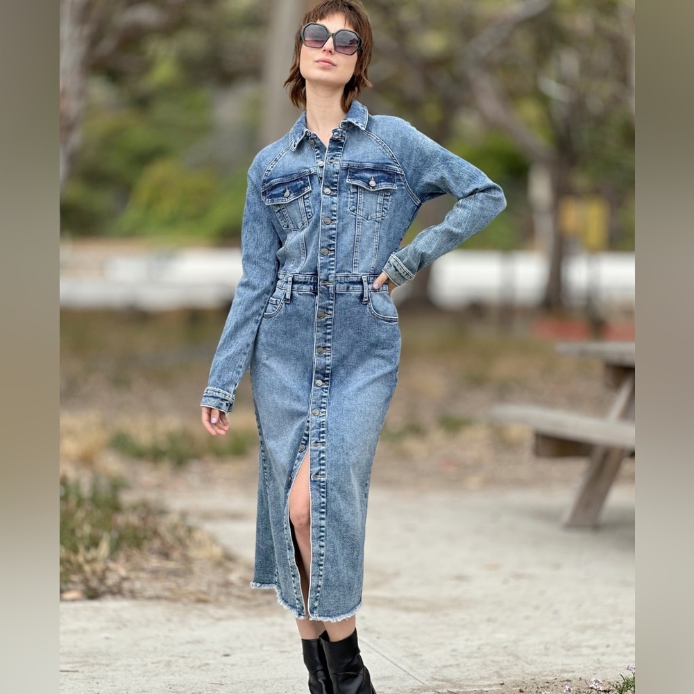 Wash Lab raglan sky blue denim shirt dress